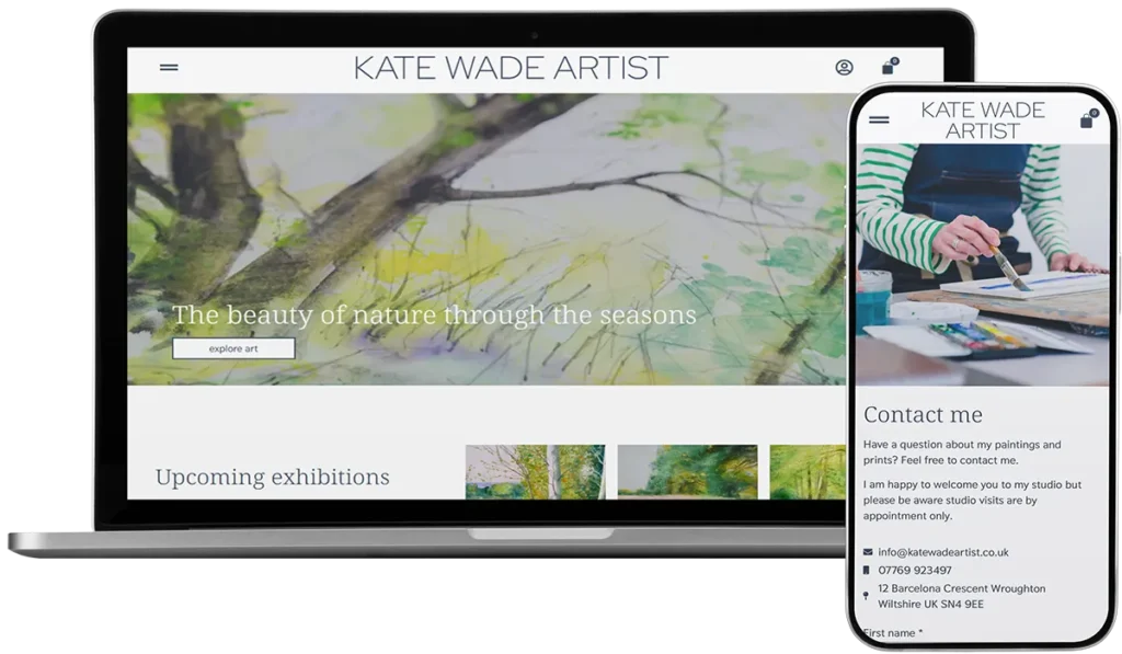 Web design for a Wiltshire Artist shown on Macbook and iPhone.